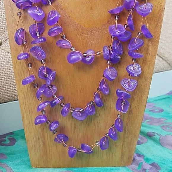 Purple Tiered Statement Necklace Layered Beads Preppy Boho Vacation Colorful - Picture 2 of 5